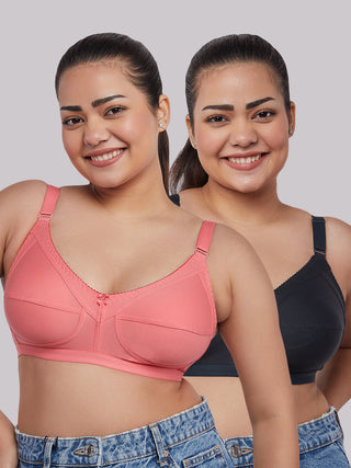 Cotton Non-Padded Non-Wired Everyday Minimizer Bra Pink Black