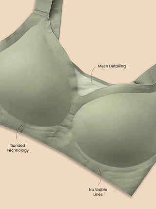 Mesh Detailing Neck Broad Straps Seamless Cups Padded Bonded Bra | M 9902