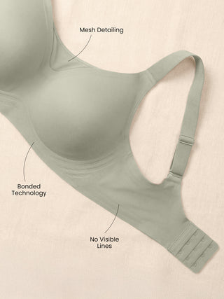 Mesh Detailing Neck Broad Straps Seamless Cups Padded Bonded Bra | M 9902 | GREEN