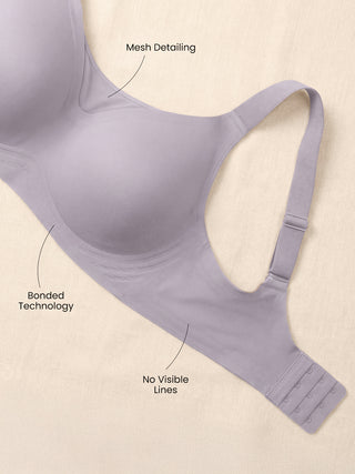 Mesh Detailing Neck Broad Straps Seamless Cups Padded Bonded Bra | M 9902 | GREY