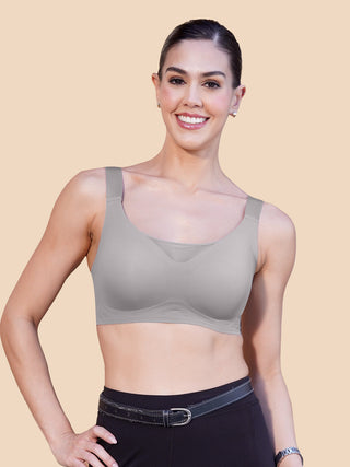 Mesh Detailing Neck Broad Straps Seamless Cups Padded Bonded Bra | M 9902