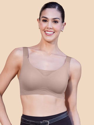 Mesh Detailing Neck Broad Straps Seamless Cups Padded Bonded Bra | M 9902