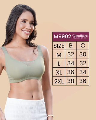 Mesh Detailing Neck Broad Straps Seamless Cups Padded Bonded Bra | M 9902