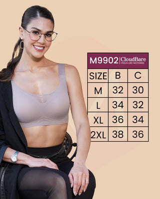 Mesh Detailing Neck Broad Straps Seamless Cups Padded Bonded Bra | M 9902
