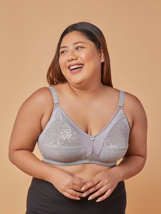 Lace Paneling M Frame Bra M. Grey front smiling view