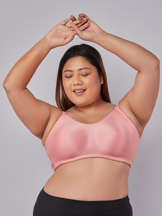 High Support Seamless Bra D. Pink front view hands up